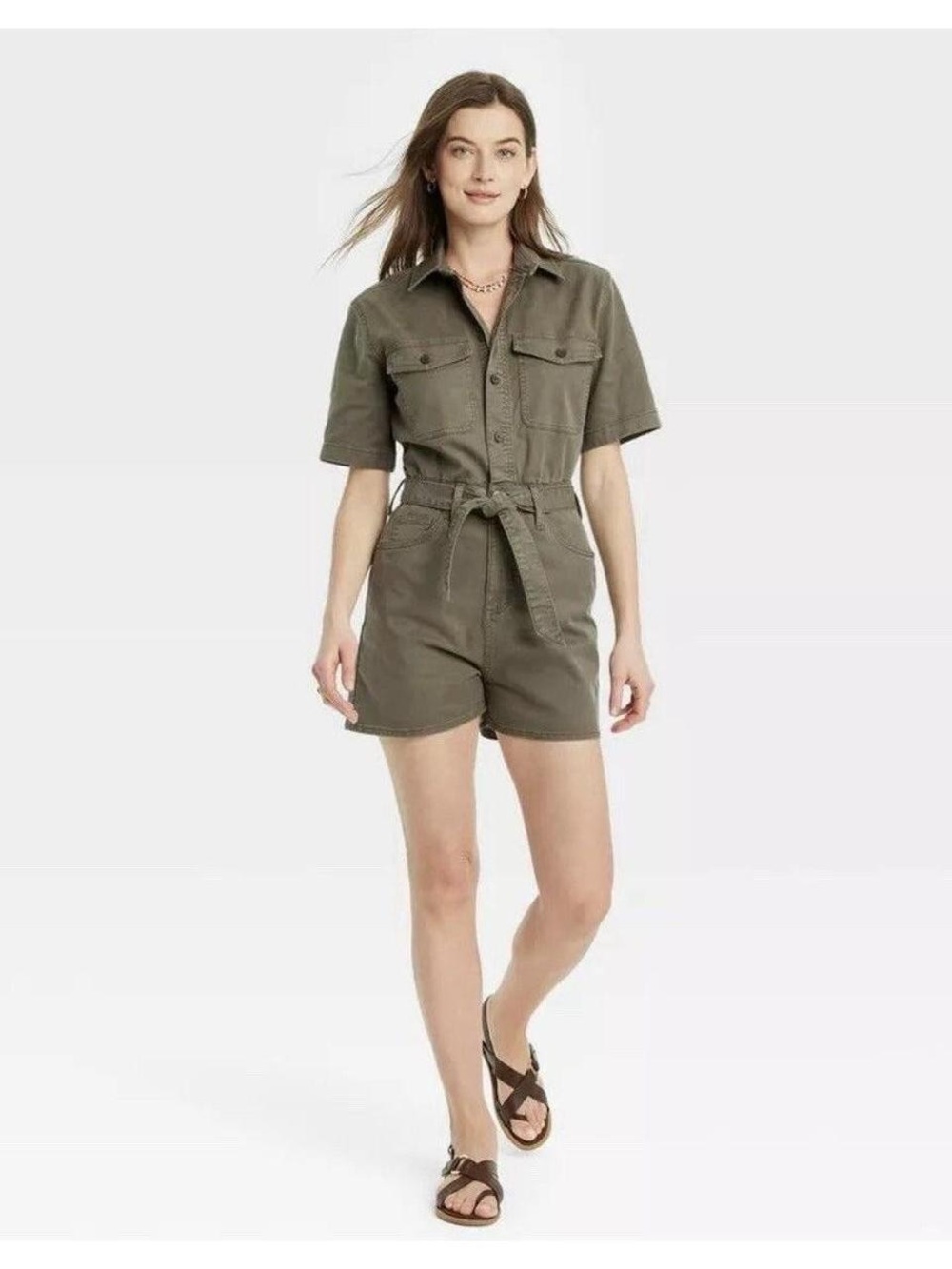 Universal Thread Olive Green Short-Sleeve Utility Jacket with Waist Tie